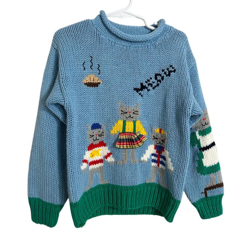 VTG Handknits By BJ Knit Sweater M 5-6 Cats Meow Mock Long Sleeve Kitschy